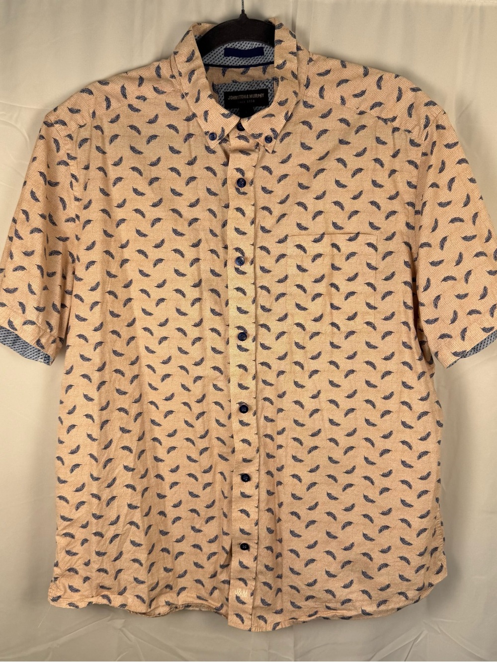 Johnston & Murphy Feather Print Button Down Shirt Large Short Sleeve